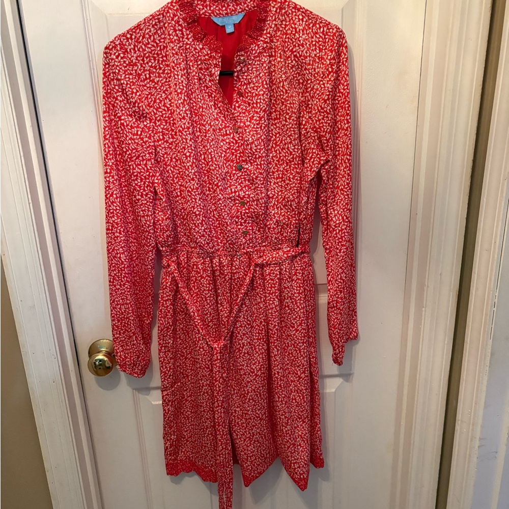 Draper James Red and White Printed Long Sleeve Tie-Waist Dress